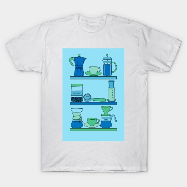 Coffee Shelves in blues and greens T-Shirt by Slepowronski